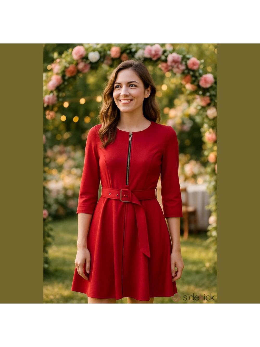 4/$67 Deal! Chicme Cherry-Red Belted Zip-Front Long Sleeve Dress